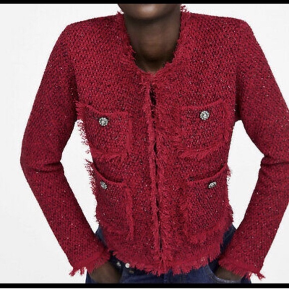Zara Jackets Coats Zara Red Cardigan With Frayed Finish Poshmark